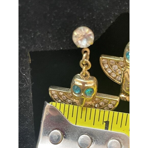 Gold Tone Owl Dangle Earrings Blue Rhinestone Eyes Enamel Heart Pierced - Picture 5 of 5